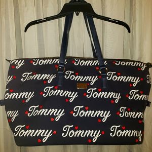 Tommy Hilfiger, Heart Canvas Tote Shopper Bag, Shoulder Bag Logo Blue Red Hearts